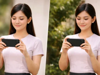 Portrait mode vs normal mode comparison for modest traditional outfit photo, clean light, family-friendly
