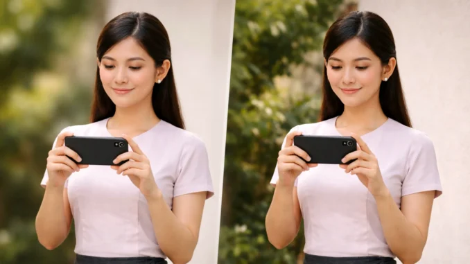 Portrait mode vs normal mode comparison for modest traditional outfit photo, clean light, family-friendly