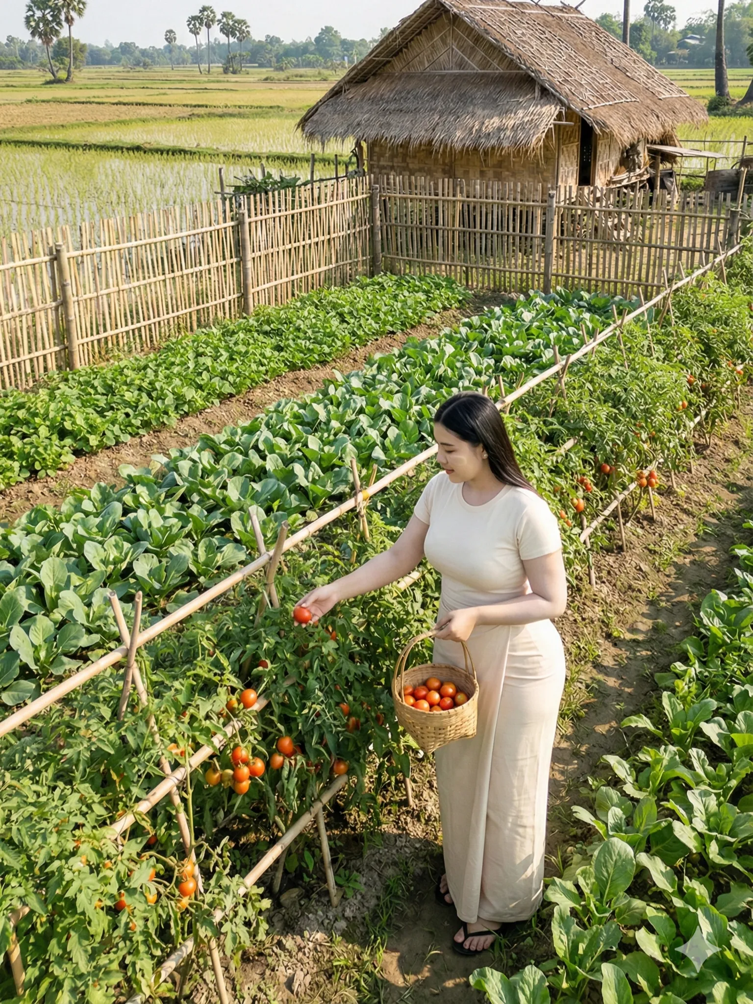 Modest traditional outfit in village/field setting, natural colors, soft daylight, family-friendly.