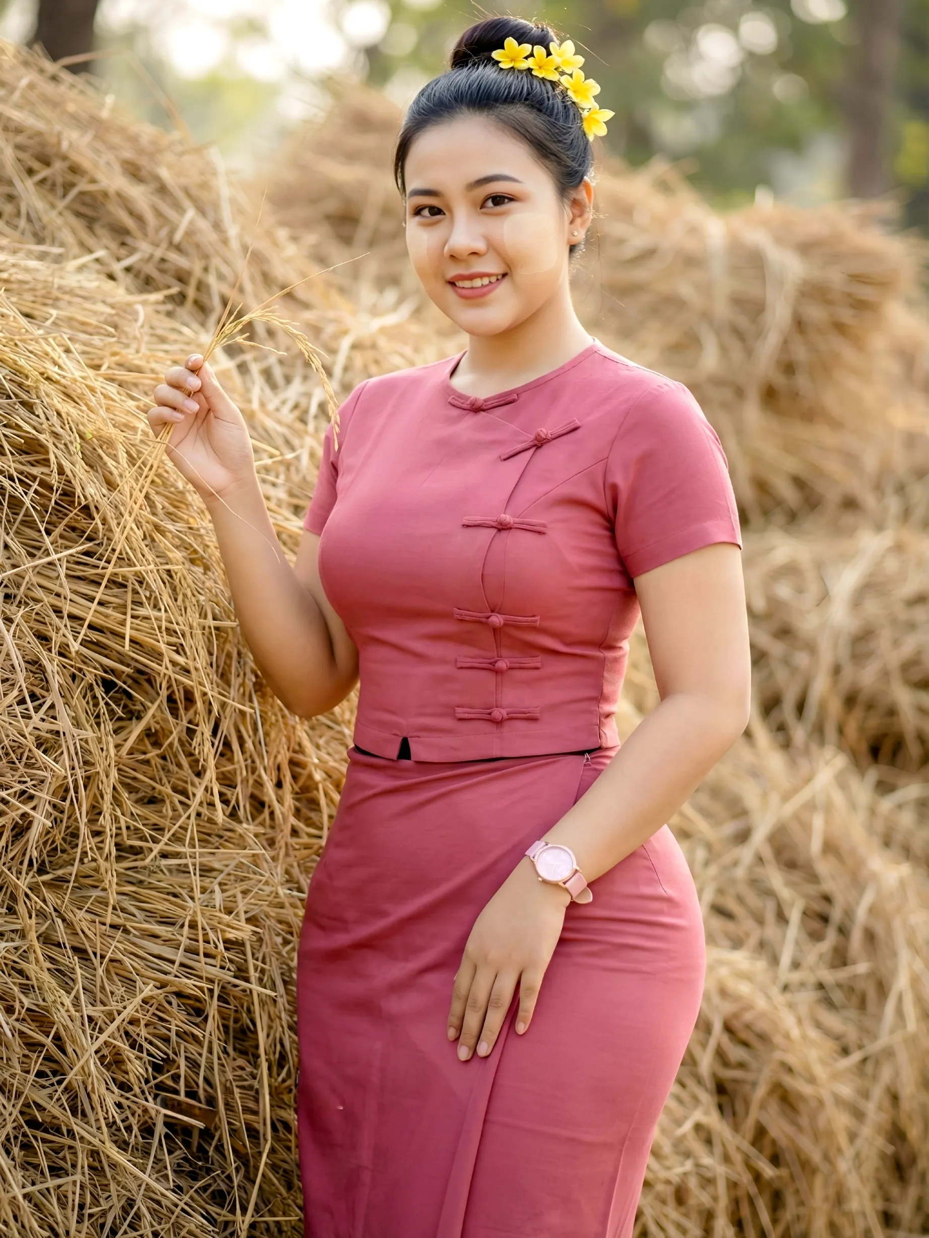 Modest traditional outfit in village/field setting, natural colors, soft daylight, family-friendly.
