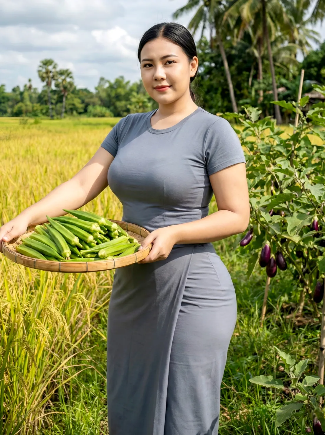 Modest traditional outfit for village morning look, Neutral Longyi Base (Most Versatile), soft daylight, family-friendly.
