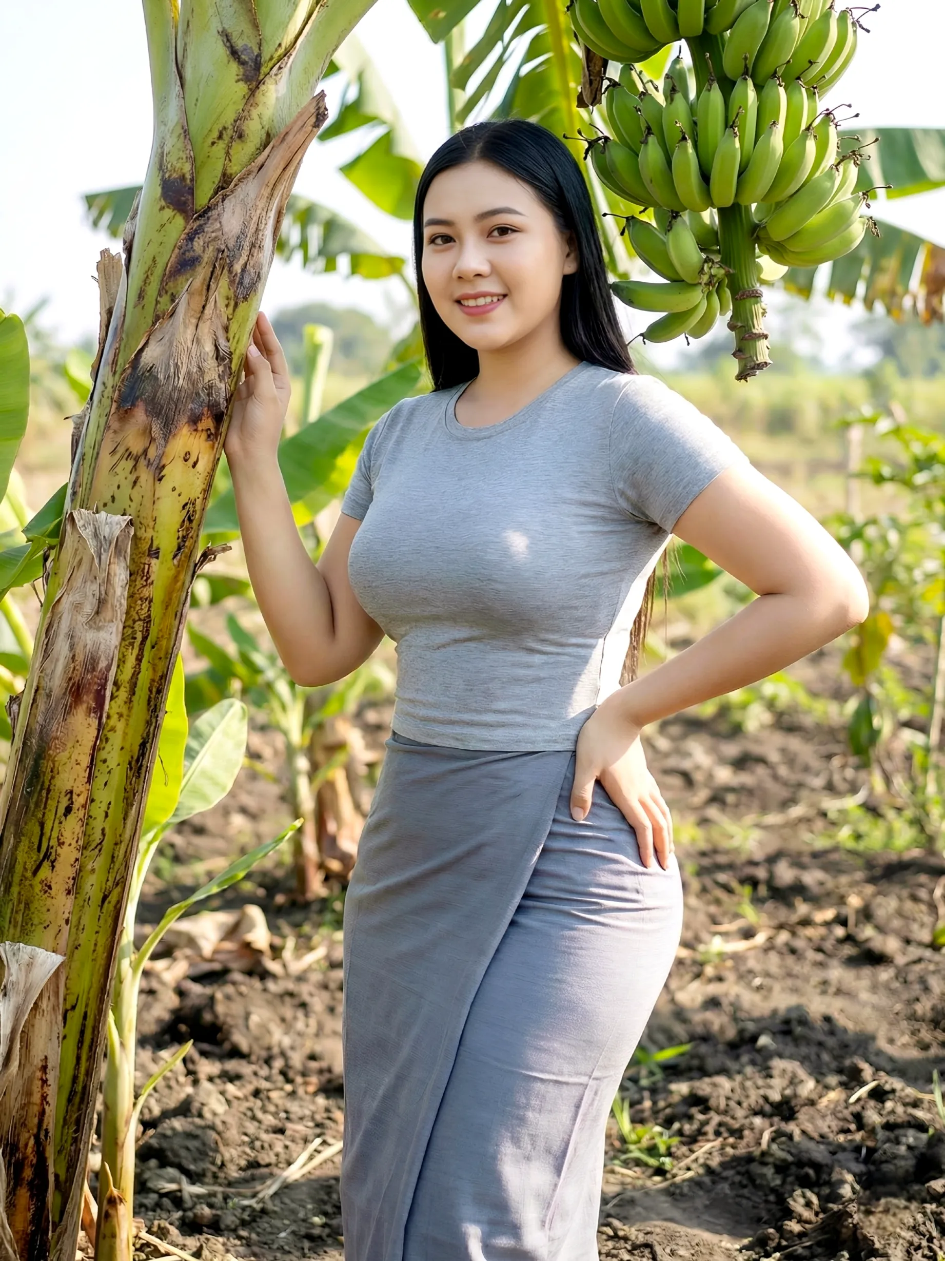 Modest traditional outfit for village morning look, Light Gray Top and Charcoal Gray Modern Village Look, soft daylight, family-friendly.