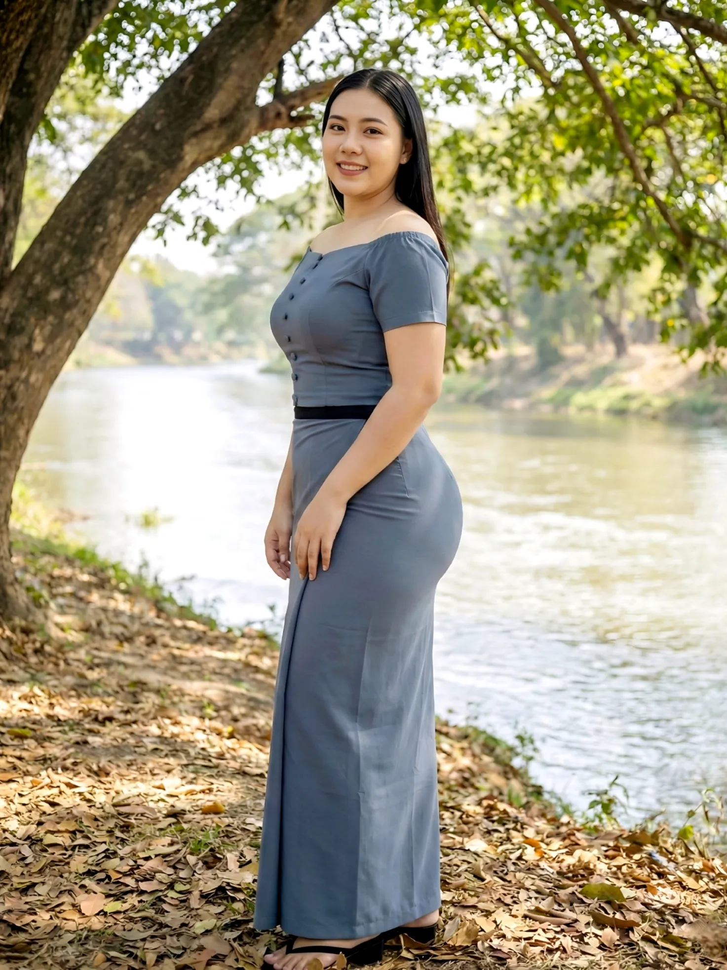 Modest Myanmar traditional outfit, neutral Soft Stone Gray Dress, natural daylight, modest pose.