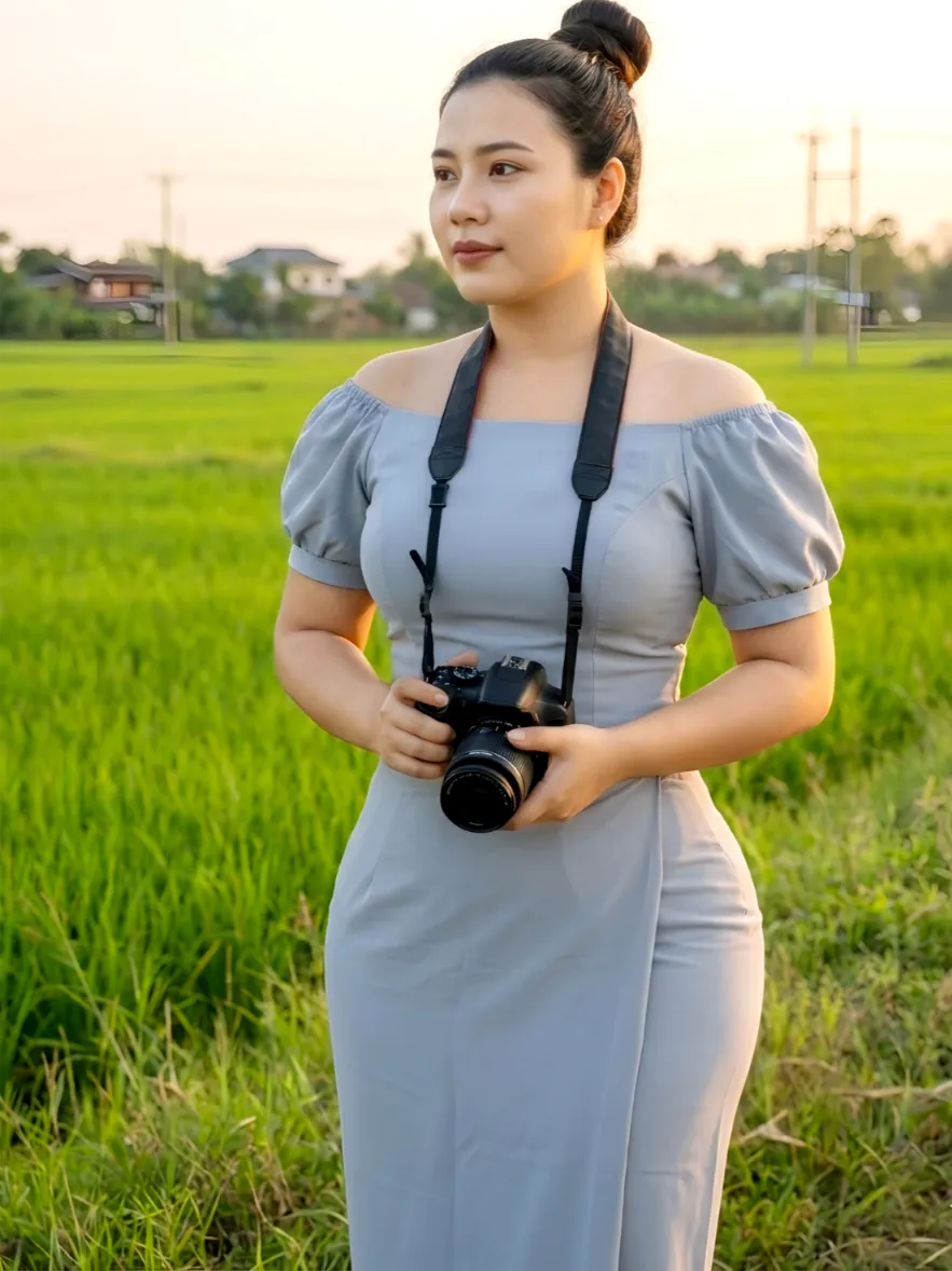 Modest standing Hold a Small Camera (Hands) pose in Myanmar longyi, natural daylight, elegant posture, family-friendly.