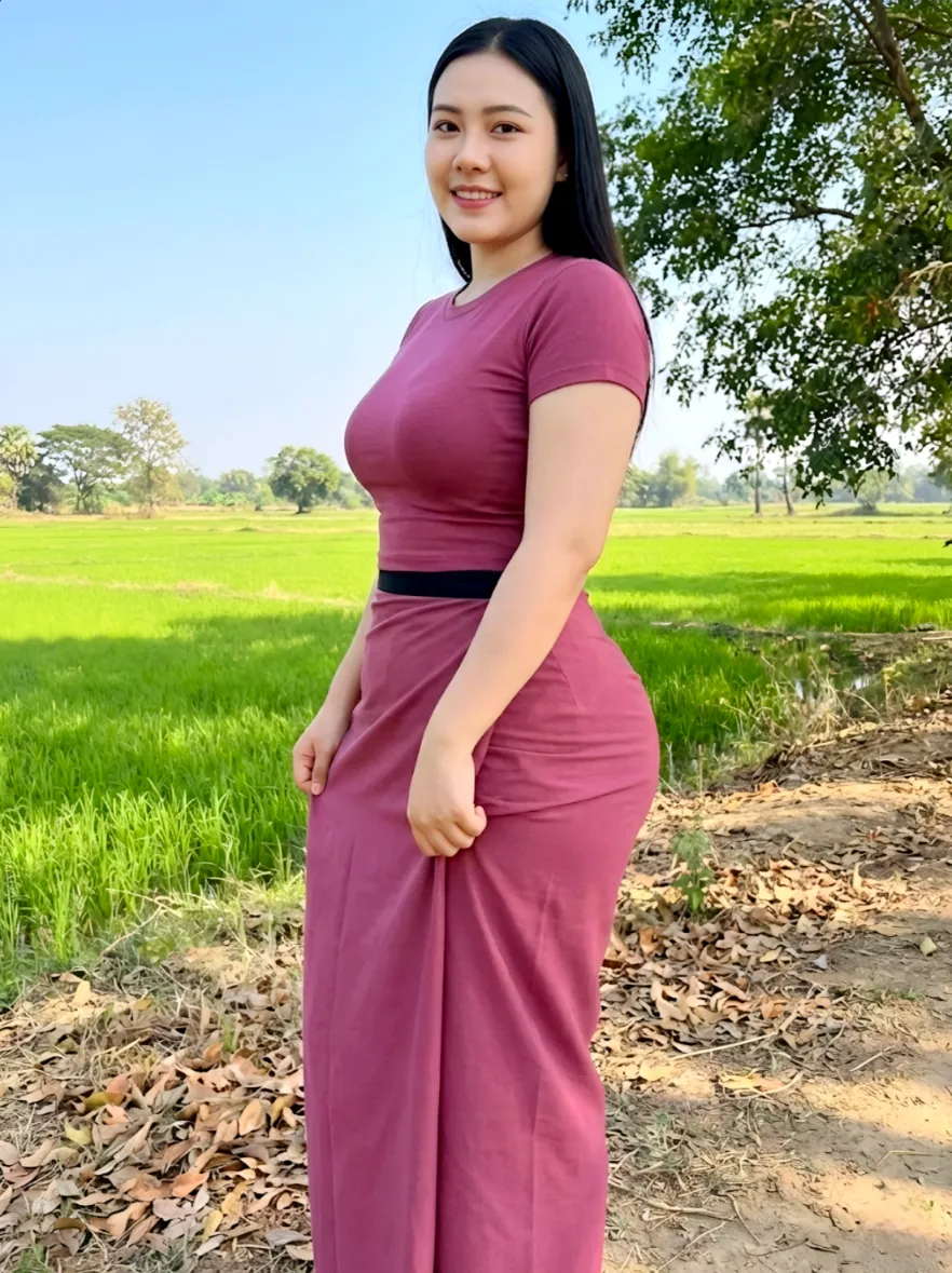 Modest standing Light Touch on Dress (Simple Detail) pose in Myanmar longyi, natural daylight, elegant posture, family-friendly.