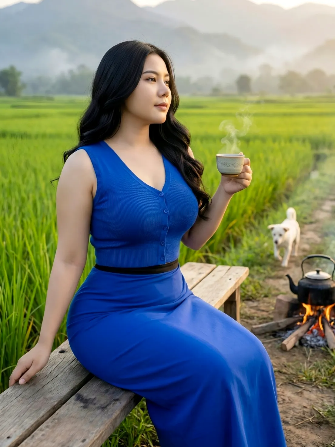 Modest Chair Sitting (3/4 Side Angle) pose in Myanmar longyi, neat outfit, family-friendly, natural light.