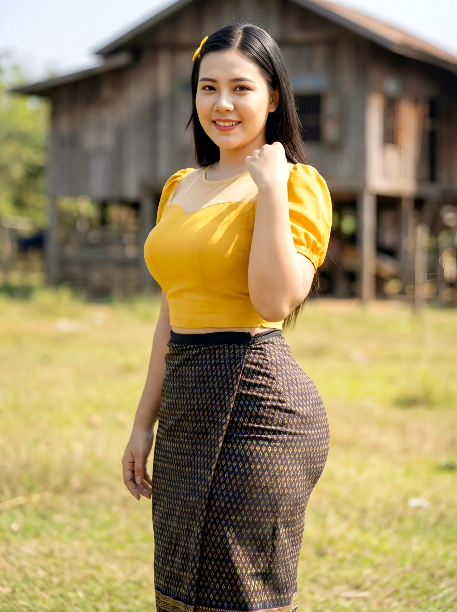 Modest Light Touch on Sleeve (Simple Detail) pose in Myanmar traditional outfit, relaxed hands, natural light, family-friendly.