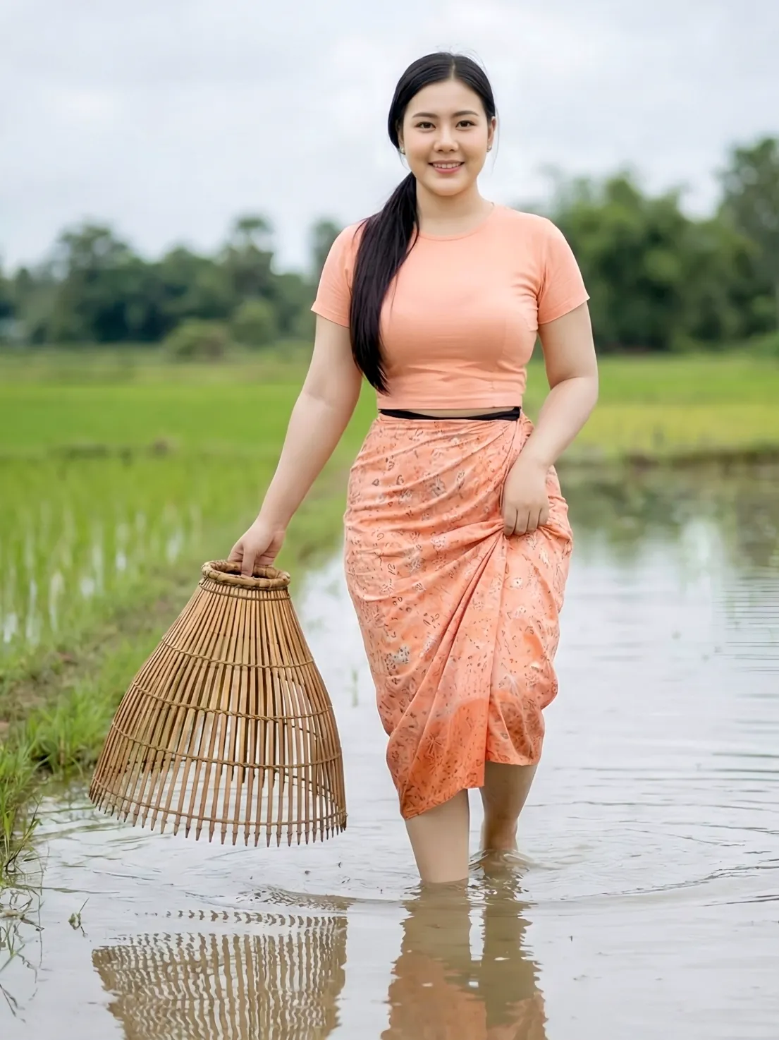 Modest 3/4 Walking Toward Camera pose in Myanmar longyi, natural movement, clean background, family-friendly.
