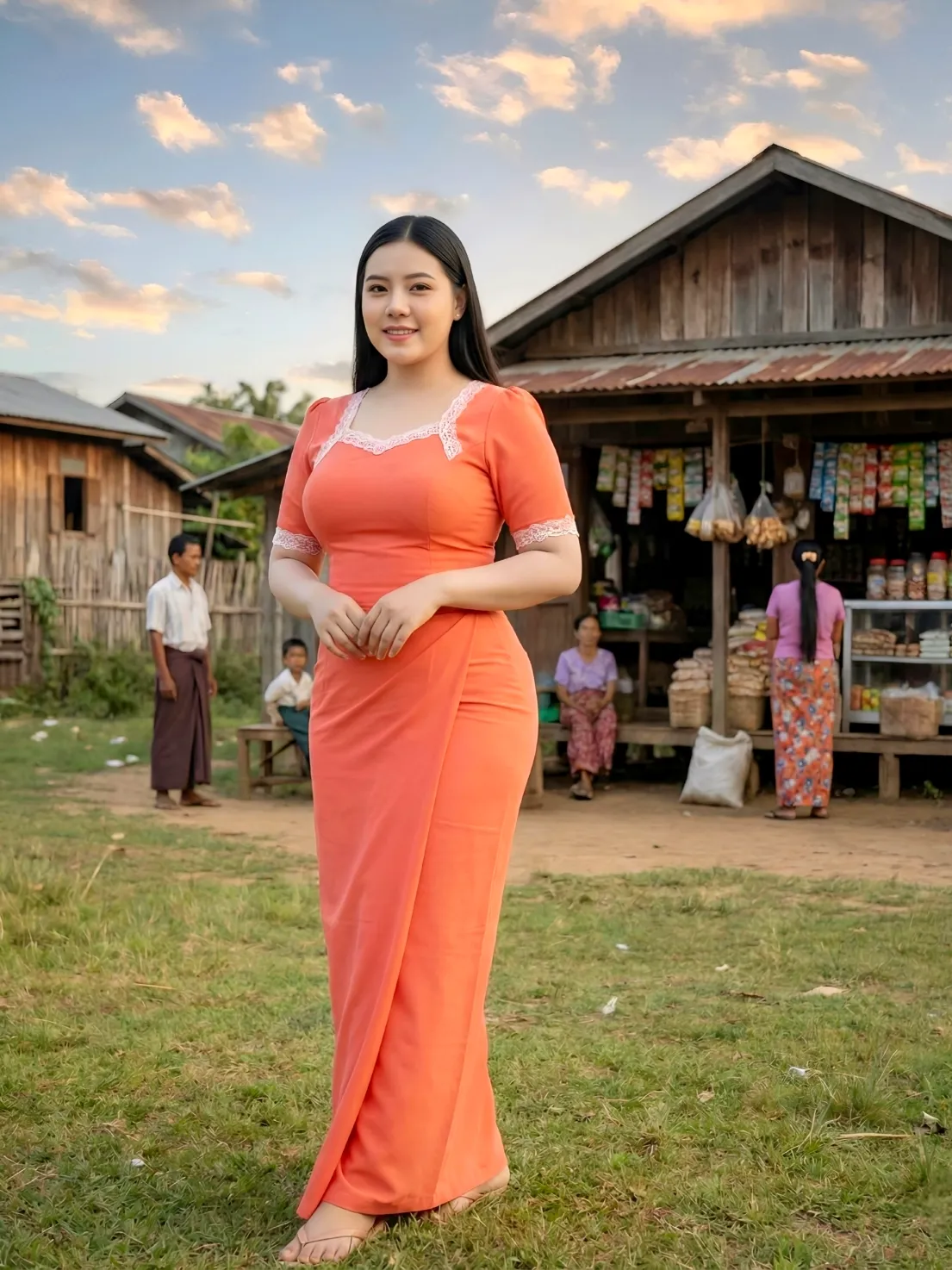 Modest Small Step + Pause (Natural Stop) pose in Myanmar longyi, natural movement, clean background, family-friendly.