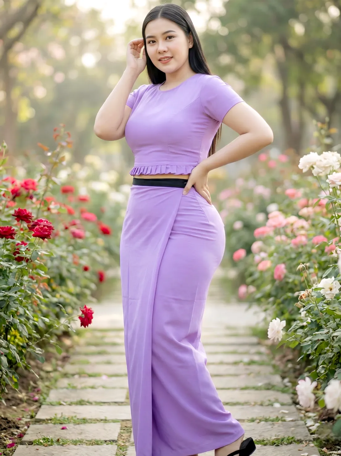 A Simple Walkway or Path location for modest traditional outfit photo, clean background, soft shade lighting, family-friendly.