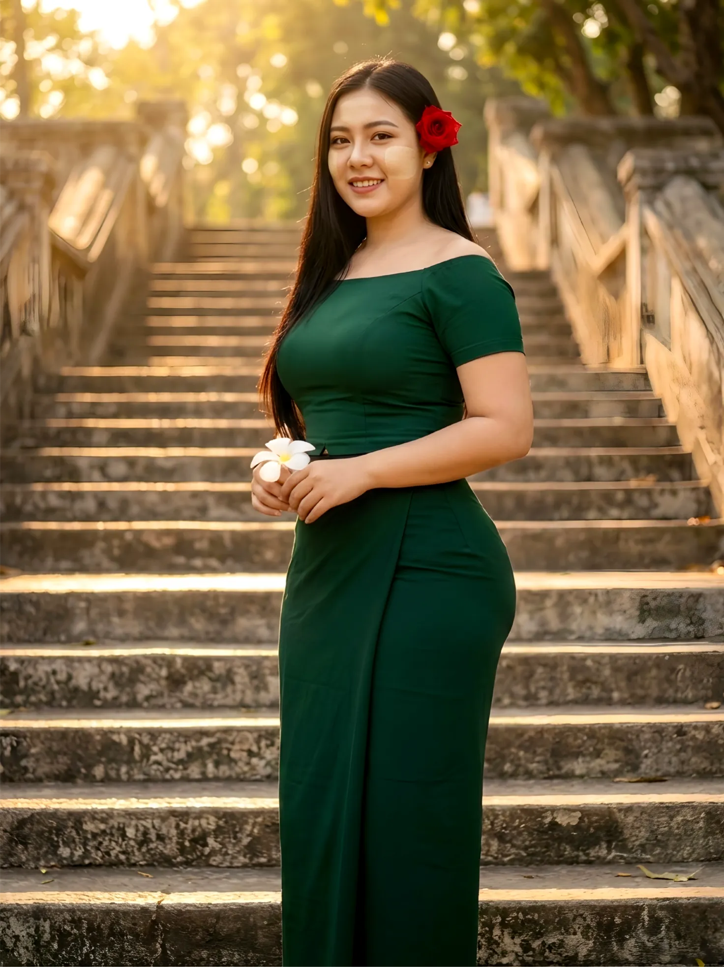 Stairs (Easy Standting Pose Spot) location for modest traditional outfit photo, clean background, soft shade lighting, family-friendly.