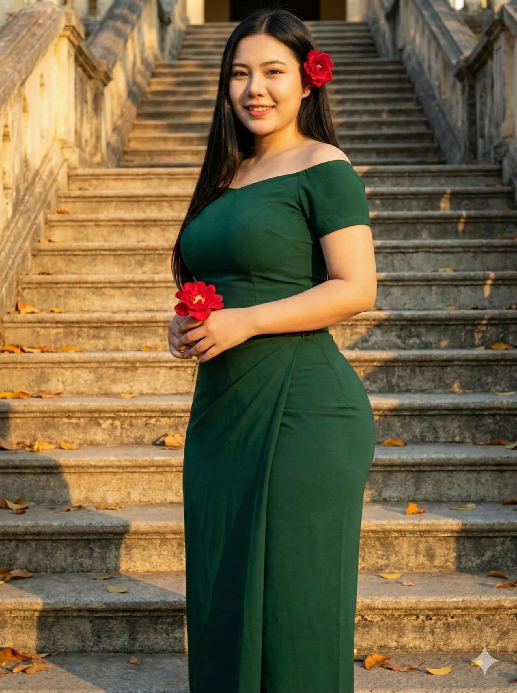 Steps / Stairs / Edge background for modest traditional outfit photo, soft light, family-friendly.