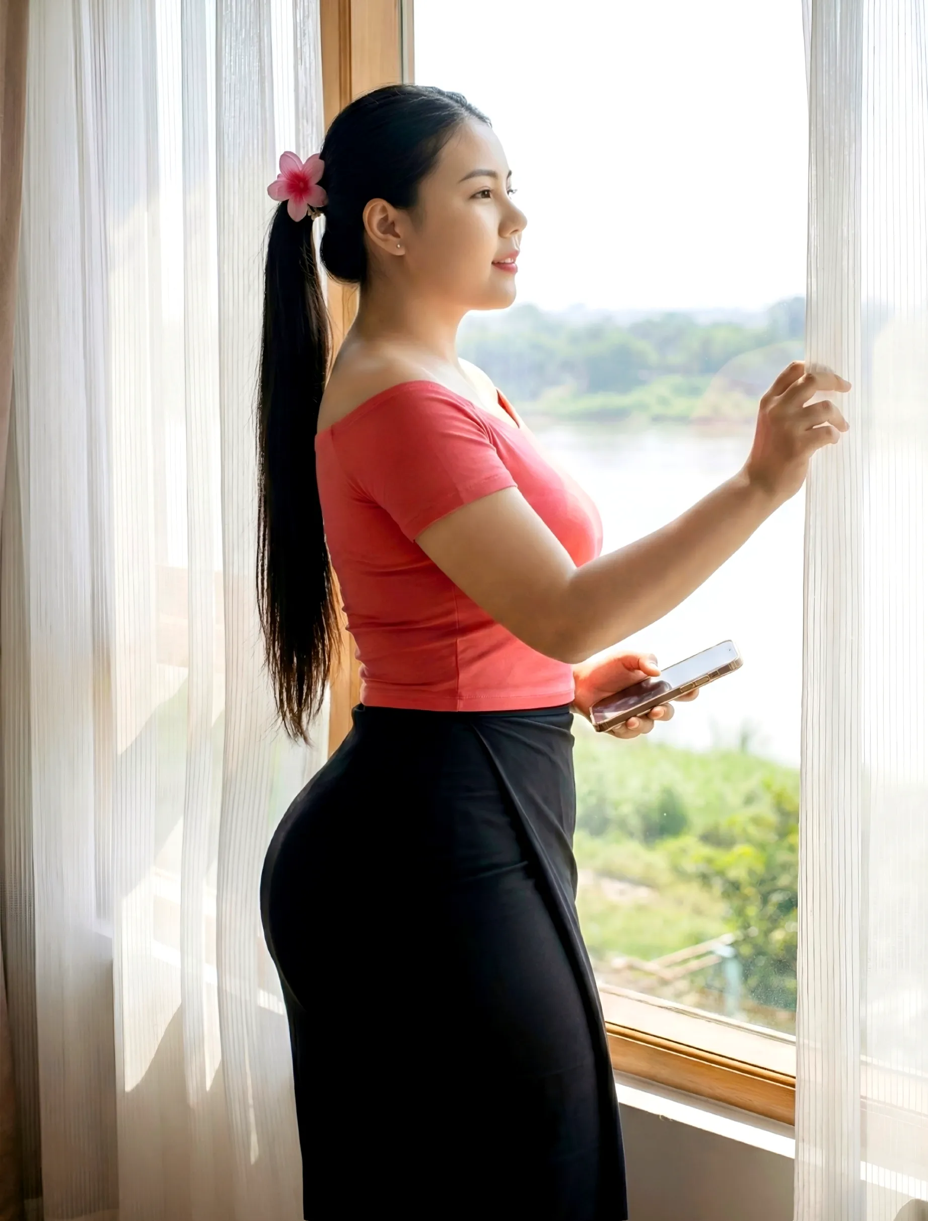 Phone photography settings for modest traditional outfit photo, clean framing, natural light, family-friendly