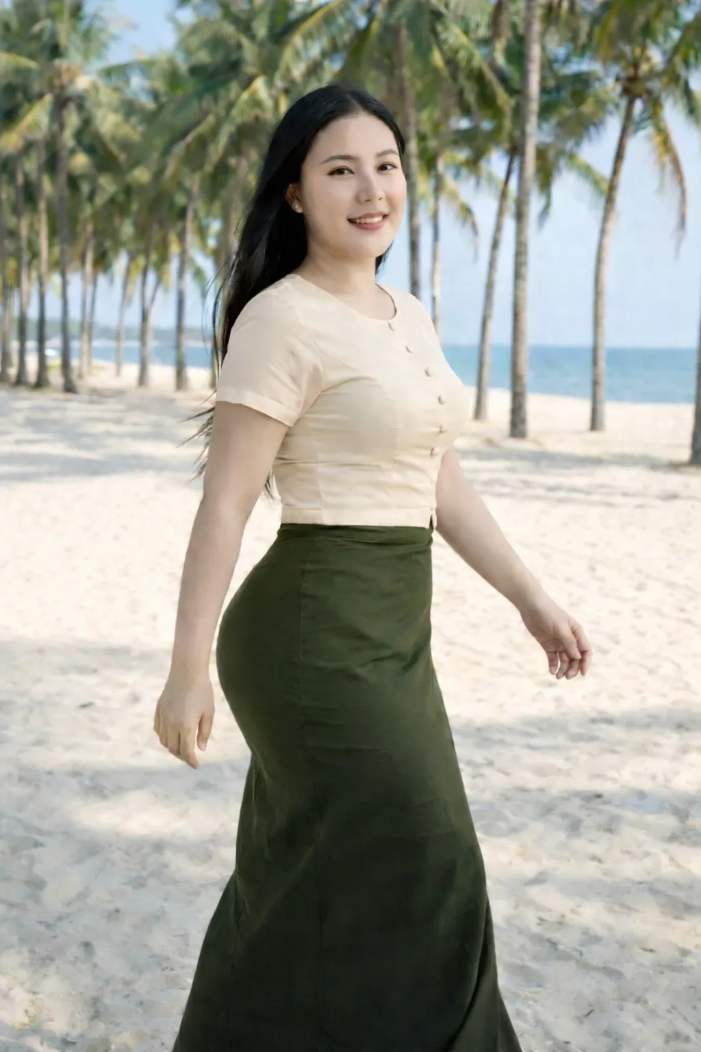 Modest Myanmar traditional outfit, Beige/Nude top with Olive/Green longyi, natural daylight, modest pose.