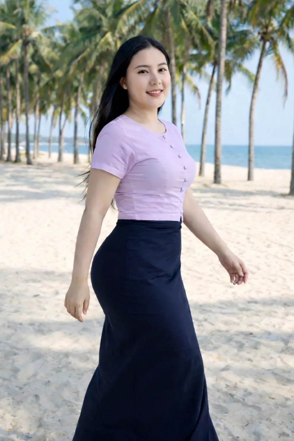Modest Myanmar traditional outfit, Lavender top with Deep Navy longyi, natural daylight, modest pose.