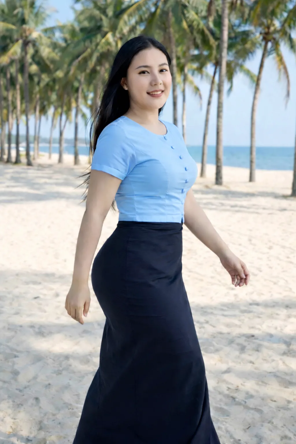 Modest Myanmar traditional outfit, Sky Blue top with Dark Gray longyi, natural daylight, modest pose.