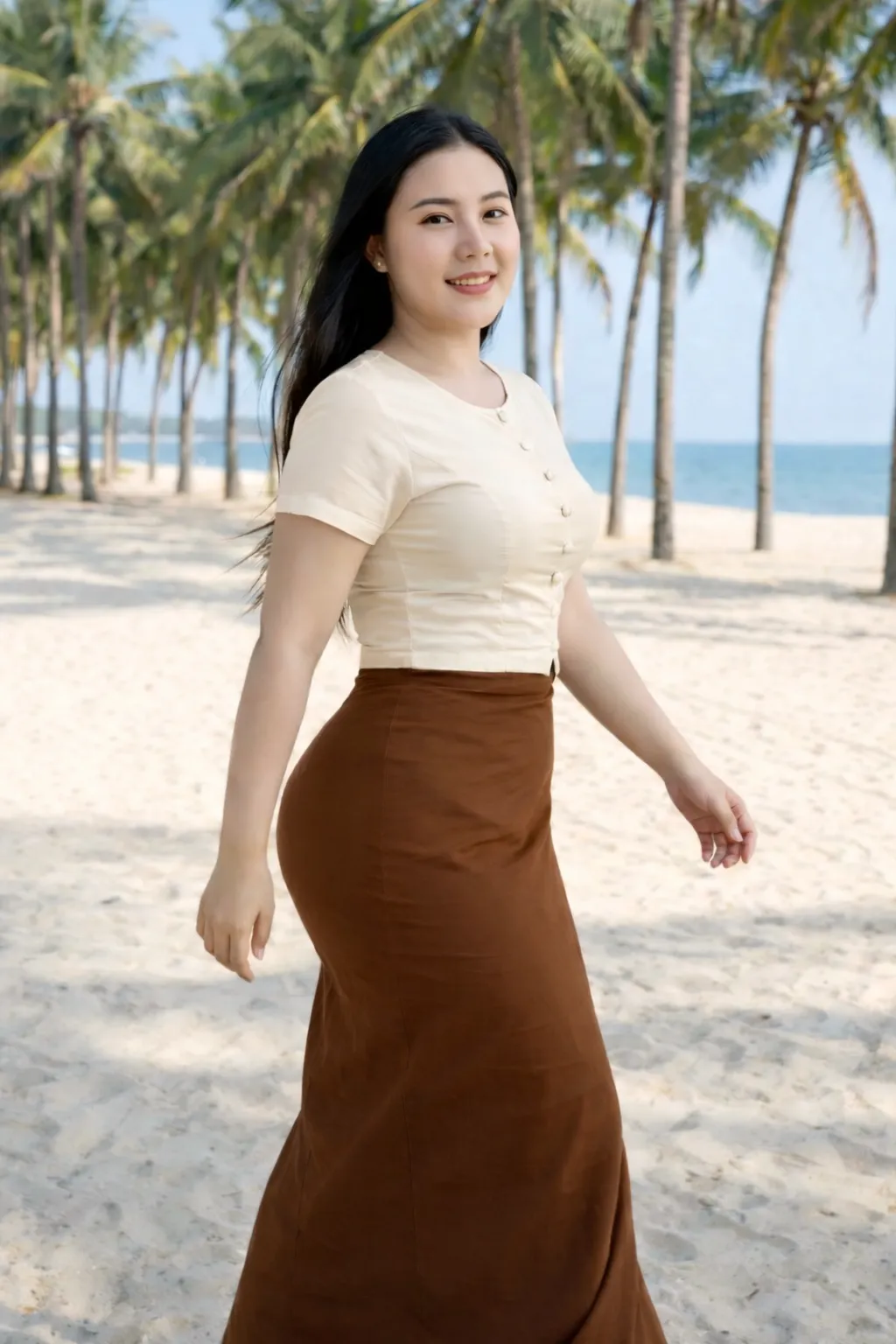 Modest Myanmar traditional outfit, neat wrinkle-free longyi/htamein, Cream top, natural daylight, modest pose.