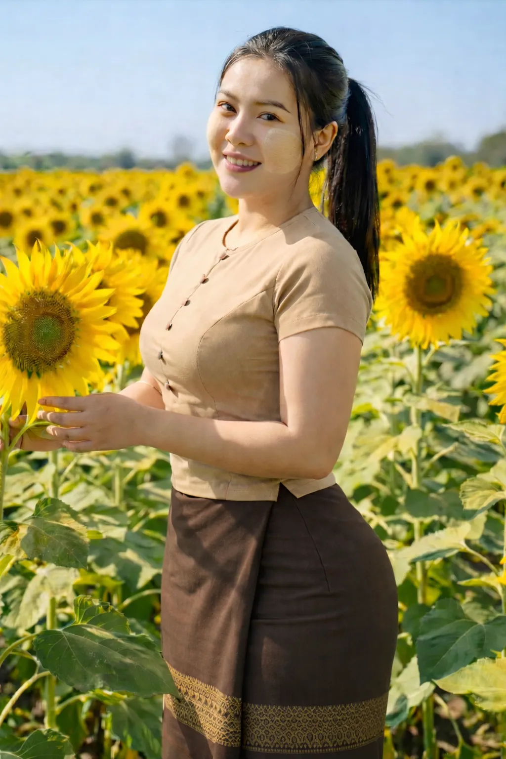 Modest Myanmar traditional outfit, Earth-Tone top with Brown htamein, natural daylight, modest pose.