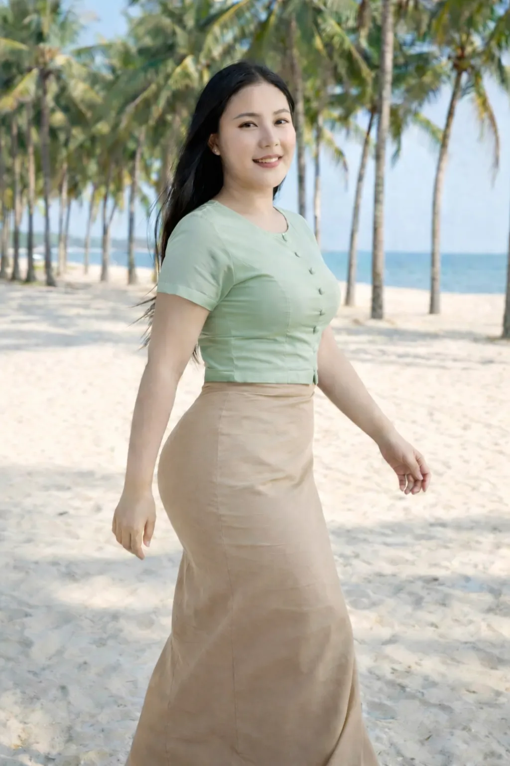 Modest Myanmar traditional outfit, Soft Green top with Beige longyi, natural daylight, modest pose.