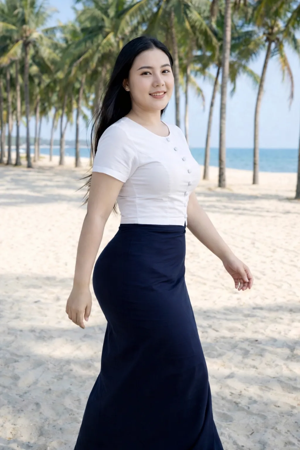 Modest Myanmar traditional outfit, neat wrinkle-free longyi/htamein, White top, natural daylight, modest pose.