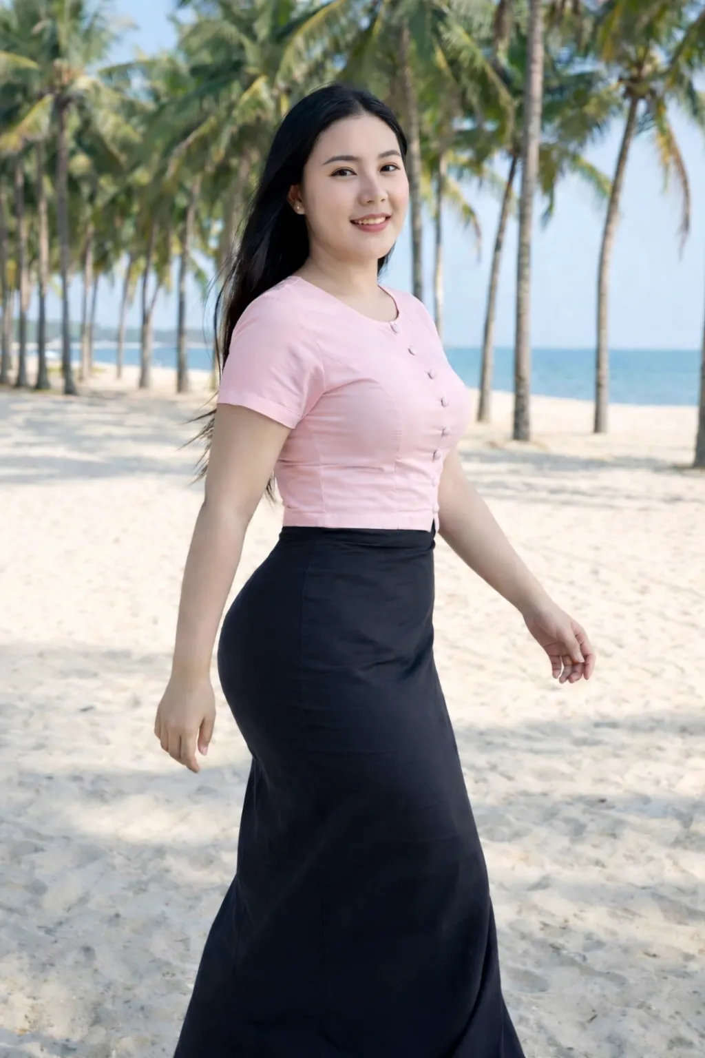 Modest Myanmar traditional outfit, Soft Pink top with Charcoal longyi, natural daylight, modest pose.