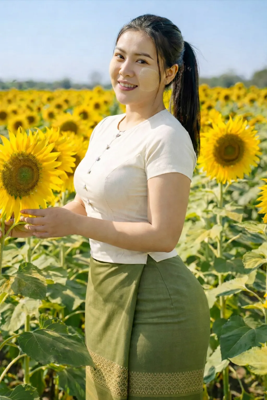 Modest Myanmar traditional outfit, Cream top with Olive/Green htamein, natural daylight, modest pose.