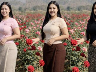 Modest Myanmar traditional outfit, 10 top with 10 longyi, natural daylight, standing pose.