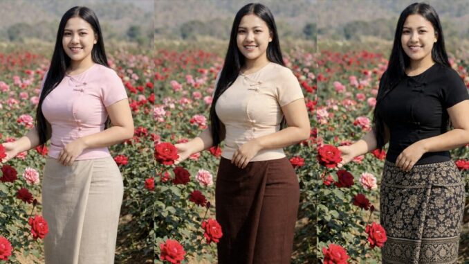 Modest Myanmar traditional outfit, 10 top with 10 longyi, natural daylight, standing pose.