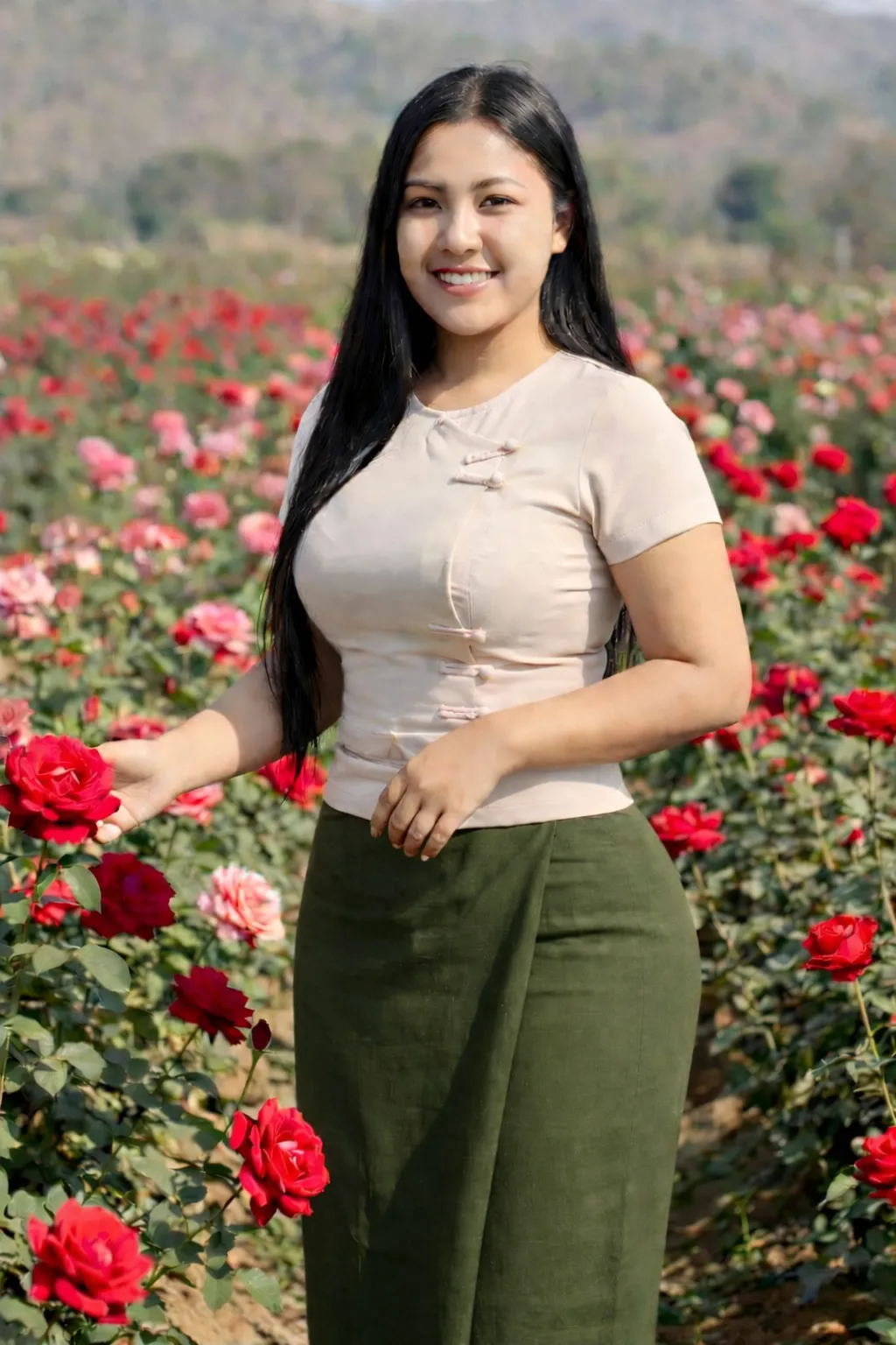 Modest Myanmar traditional outfit, Cream top with Olive/Green longyi, natural daylight, standing pose.