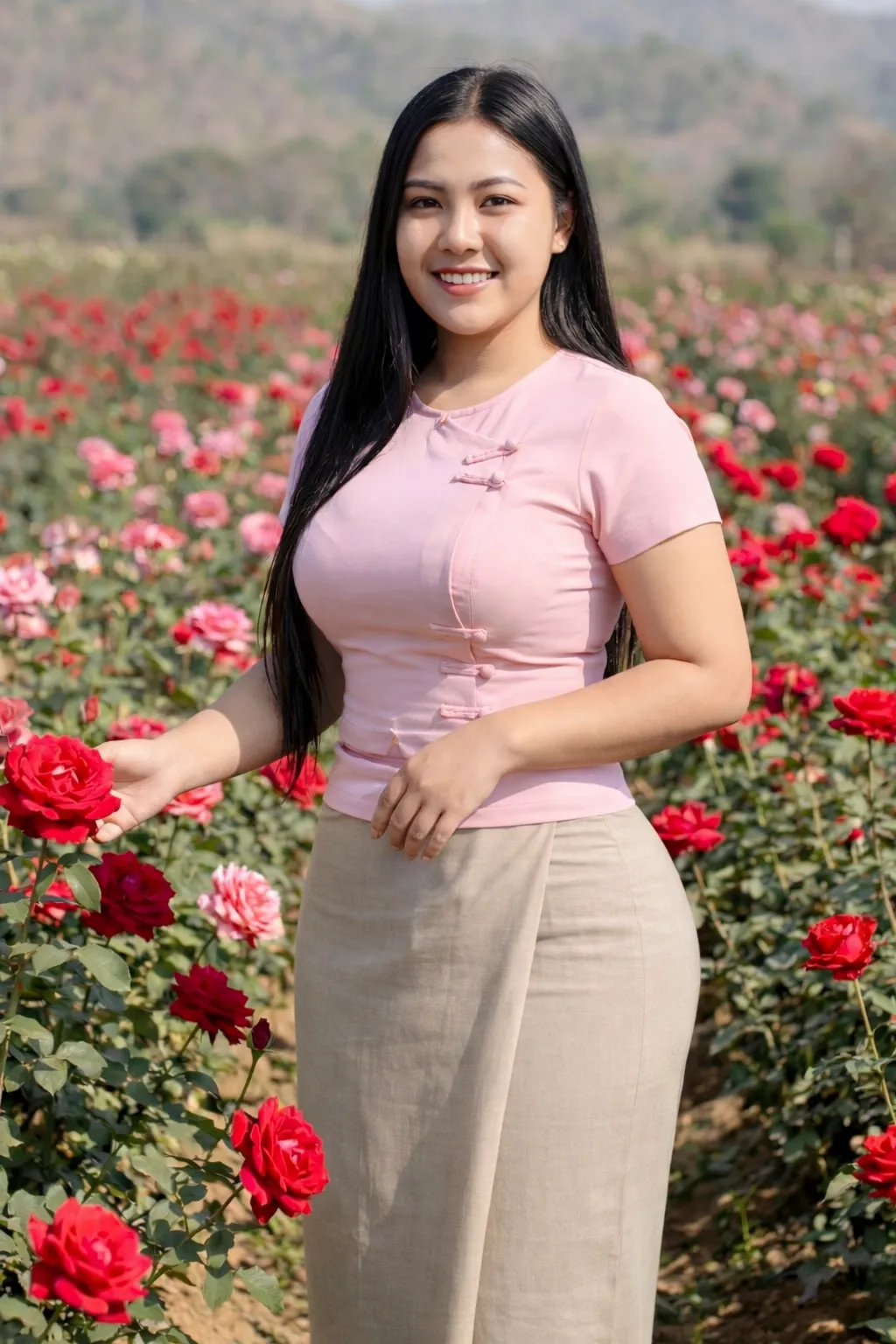 Modest Myanmar traditional outfit, Soft Pink top with Neutral htamein, natural daylight, modest pose.