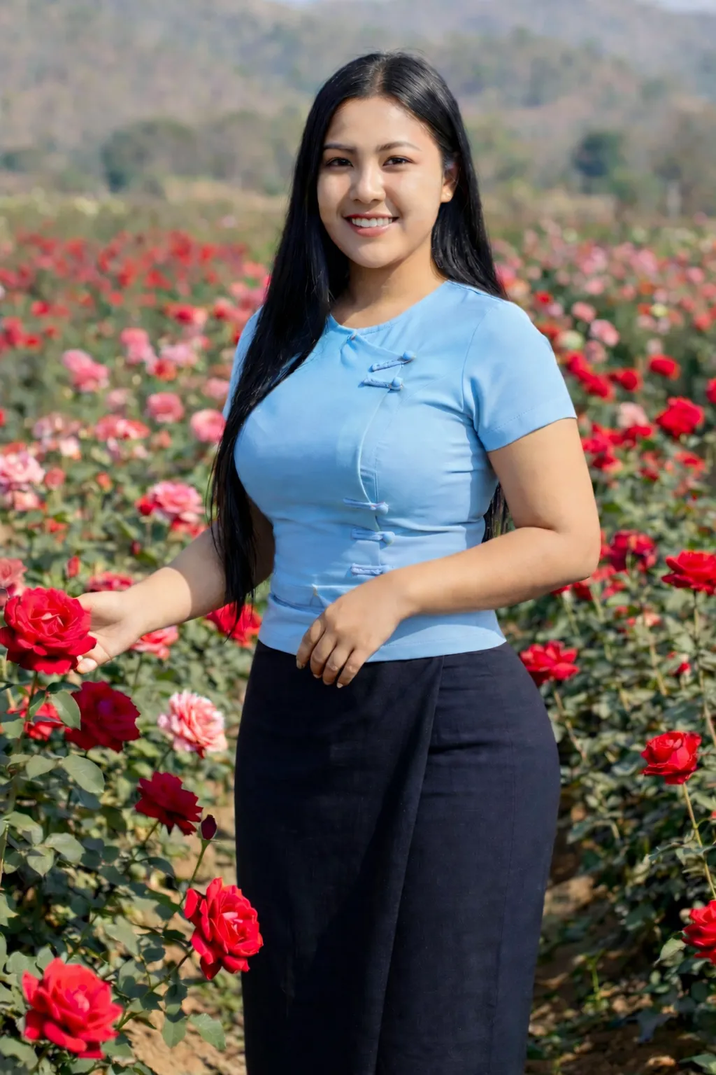 Modest Myanmar traditional outfit, Deep Navy Dress, natural daylight, modest pose.