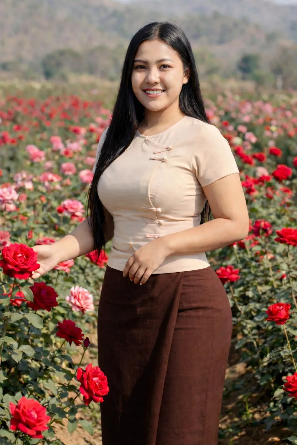 Modest Myanmar traditional outfit, Beige/Nude top with Warm Brown longyi, natural daylight, standing pose.