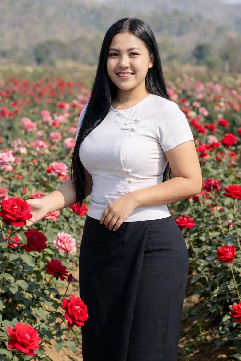 Modest Myanmar traditional outfit, White top with Dark htamein, natural daylight, modest pose.