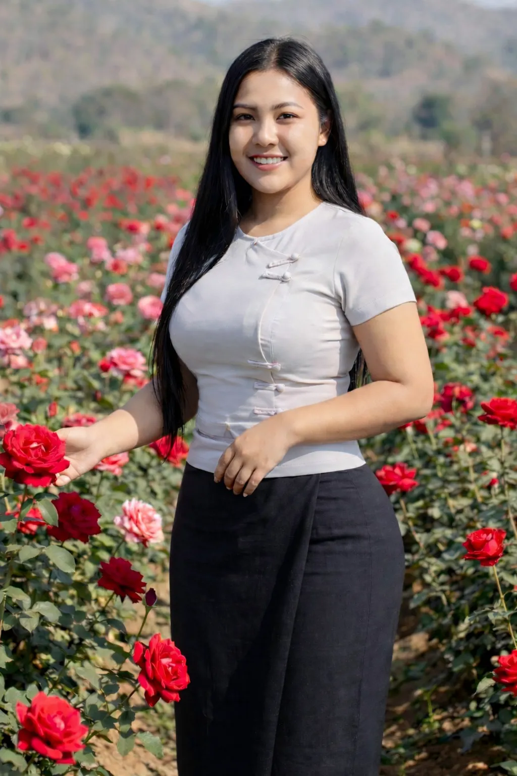 Modest Myanmar traditional outfit, Light Gray top with Charcoal htamein, natural daylight, modest pose.