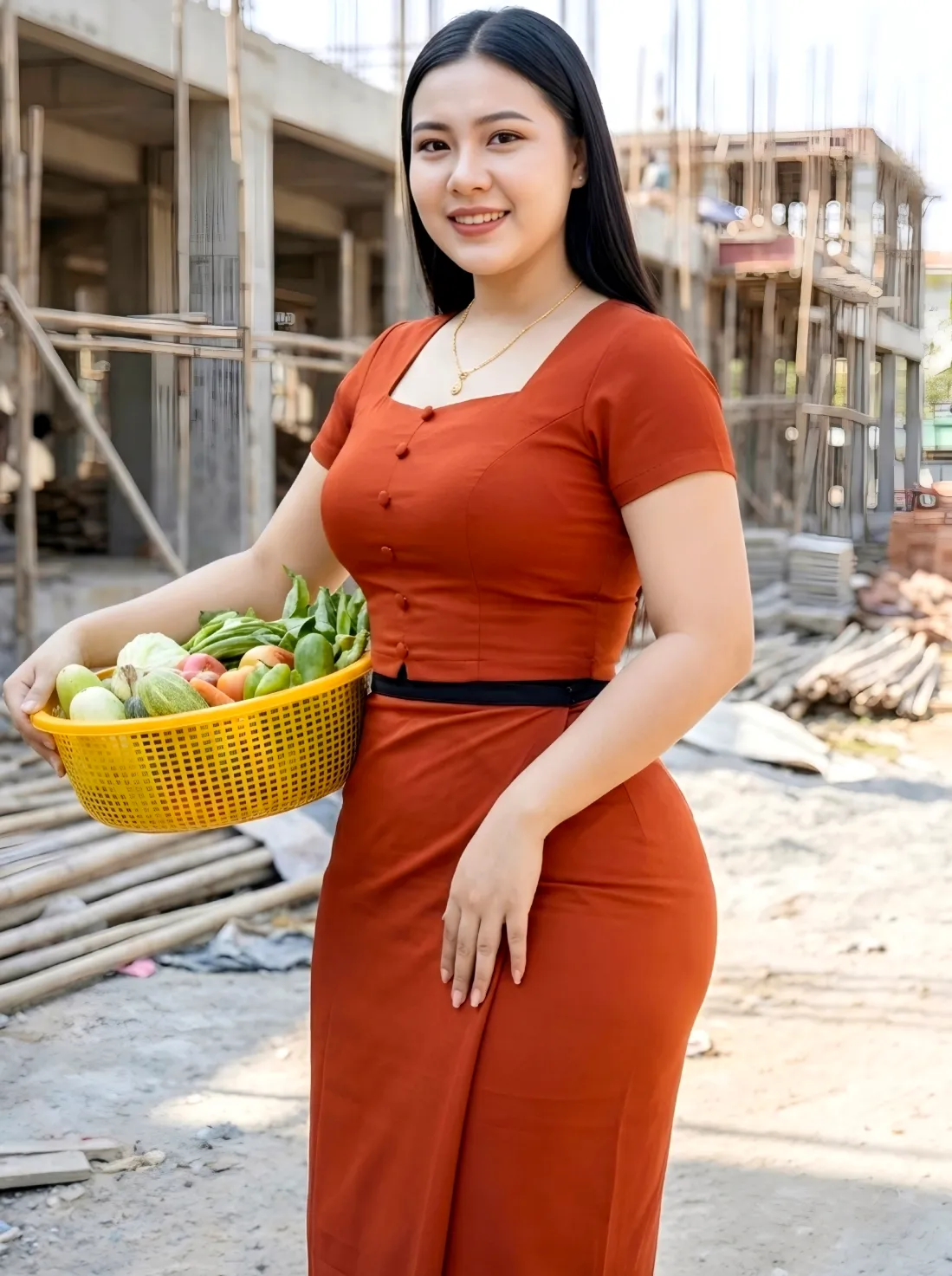 Modest village action pose in traditional outfit, carrying, soft light, family-friendly