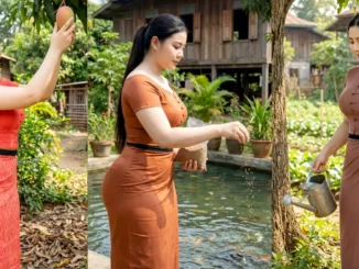 Modest village action pose in traditional outfit, [watering/feeding/picking/cleaning], soft light, family-friendly