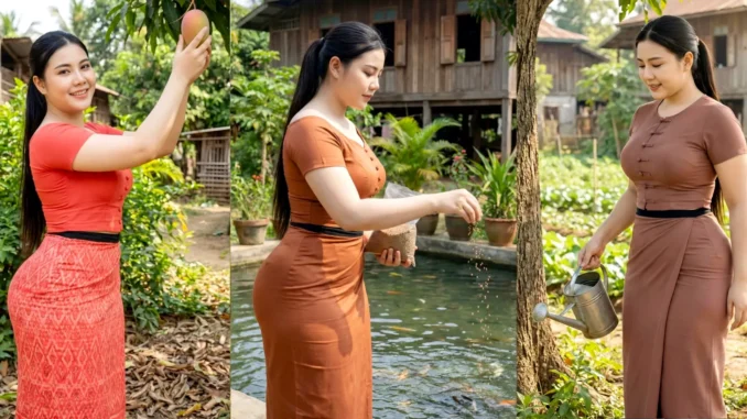 Modest village action pose in traditional outfit, [watering/feeding/picking/cleaning], soft light, family-friendly